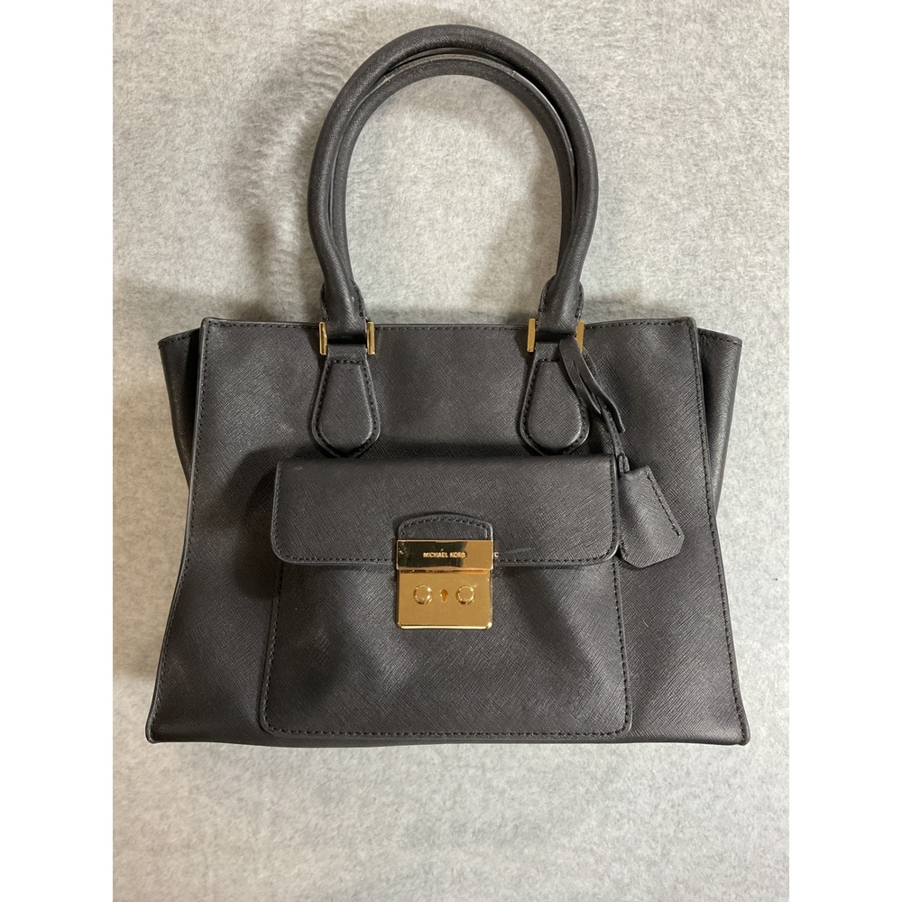 Michael Kors Black Saffiano Leather Satchel Handbag Gold Hardware Push Lock